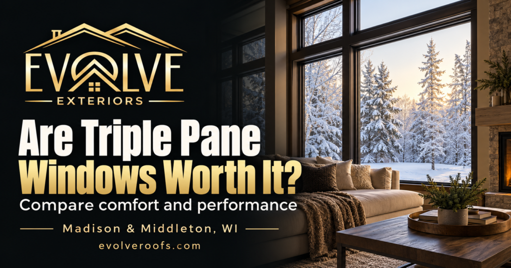 Evolve Exteriors graphic: Are Triple Pane Windows Worth It?. Madison & Middleton, WI. Illustrative architectural scene.