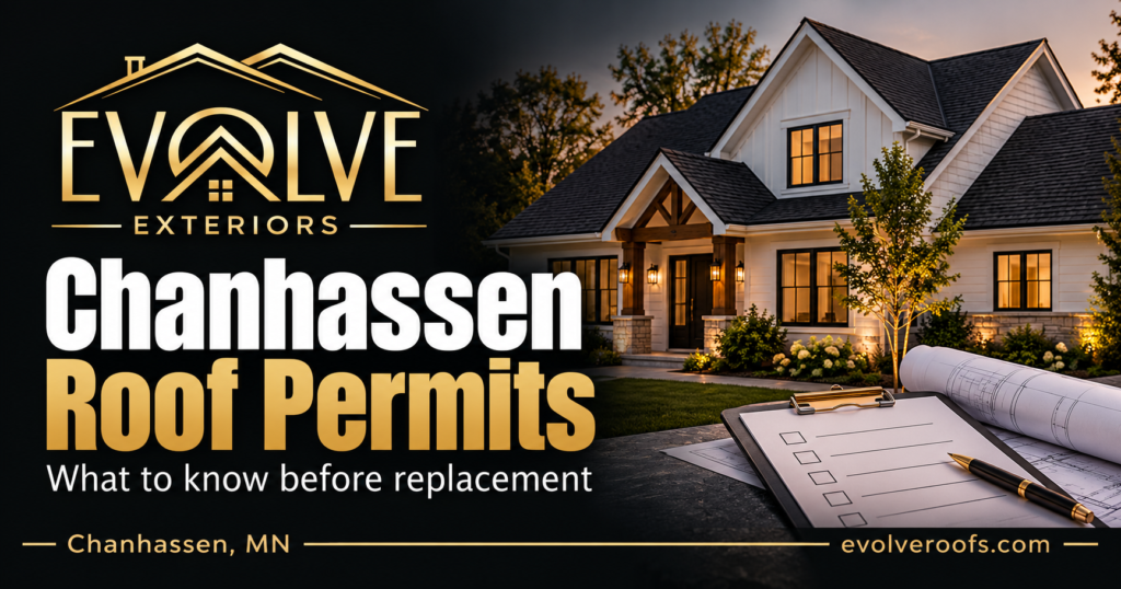 Evolve Exteriors graphic: Chanhassen Roof Permits. Chanhassen, MN. Illustrative architectural scene.