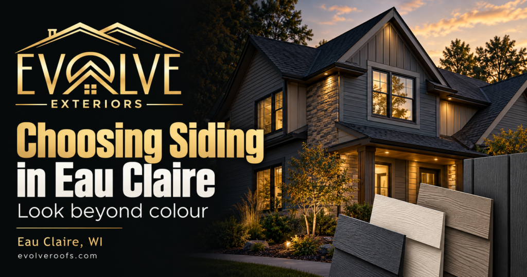 Evolve Exteriors graphic: Choosing Siding in Eau Claire. Eau Claire, WI. Illustrative architectural scene.