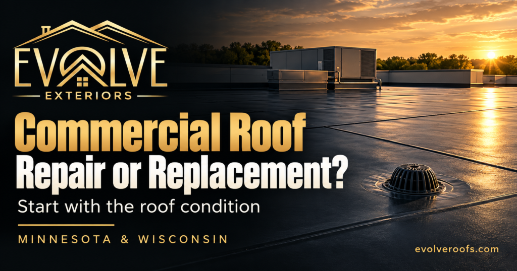 Evolve Exteriors graphic: Commercial Roof Repair or Replacement?. Minnesota & Wisconsin. Illustrative architectural scene.