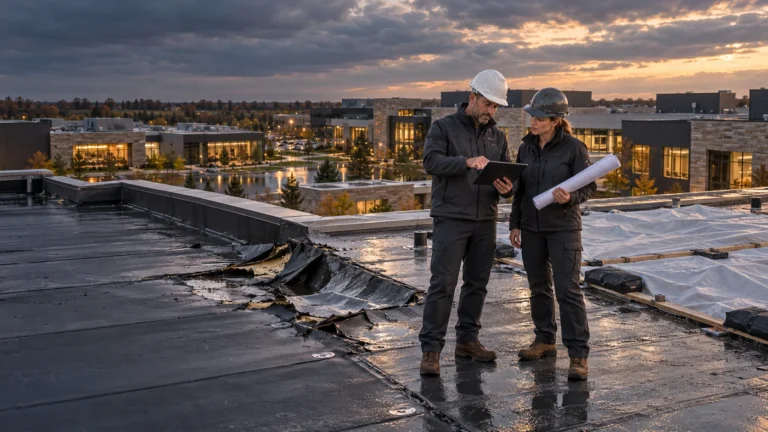 Illustrative commercial roof damage assessment and restoration planning