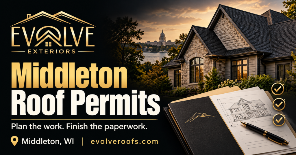 Evolve Exteriors graphic: Middleton Roof Permits. Middleton, WI. Illustrative architectural scene.