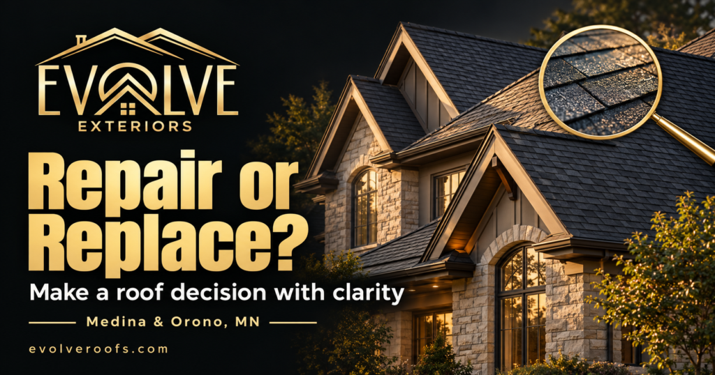 Evolve Exteriors graphic: Repair or Replace?. Medina & Orono, MN. Illustrative architectural scene.