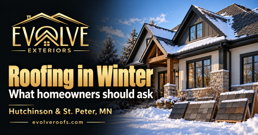Evolve Exteriors graphic: Roofing in Winter. Hutchinson & St. Peter, MN. Illustrative architectural scene.