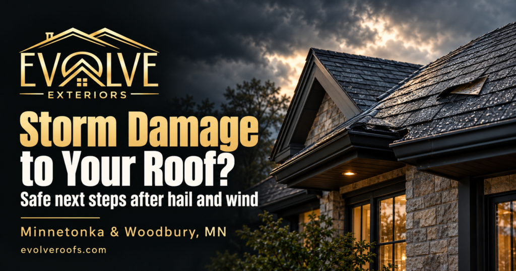 Evolve Exteriors graphic: Storm Damage to Your Roof?. Minnetonka & Woodbury, MN. Illustrative architectural scene.