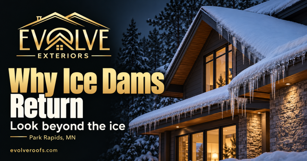 Evolve Exteriors graphic: Why Ice Dams Return. Park Rapids, MN. Illustrative architectural scene.